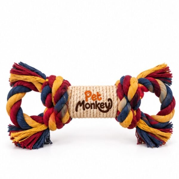 Pet Monkey braided cotton rope tug dog toy, front view on a white background