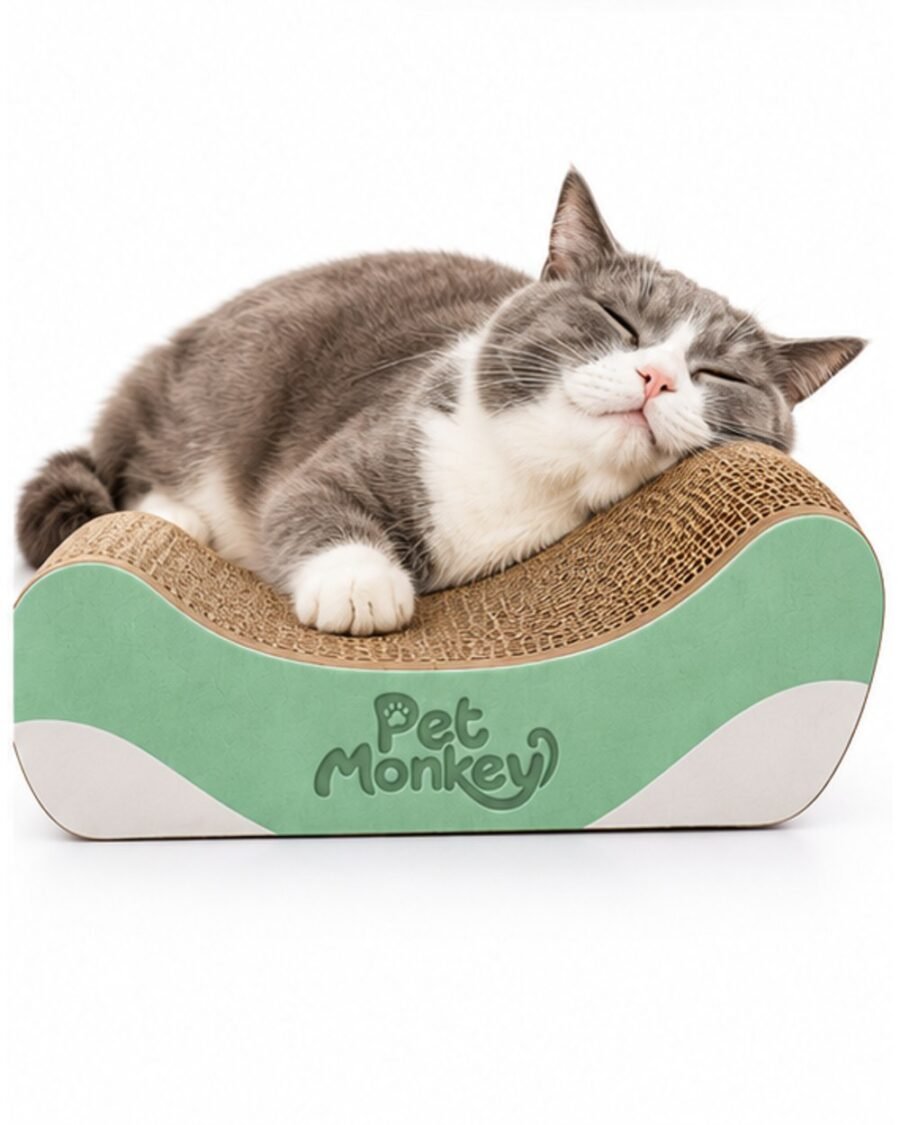 A grey and white cat resting on the Pet Monkey cardboard scratching lounge