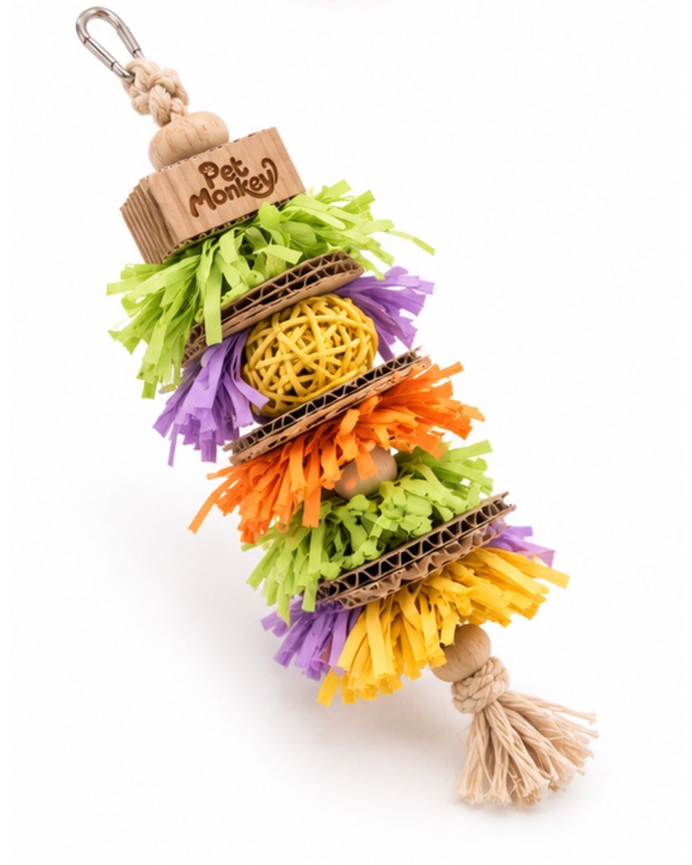 Pet Monkey hanging paper shredder bird toy, angled view showing the fringed paper layers and woven ball