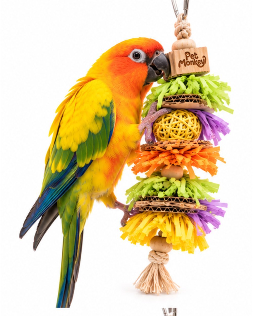 Pet Monkey hanging paper shredder bird toy with a sun conure tearing at the paper shredder