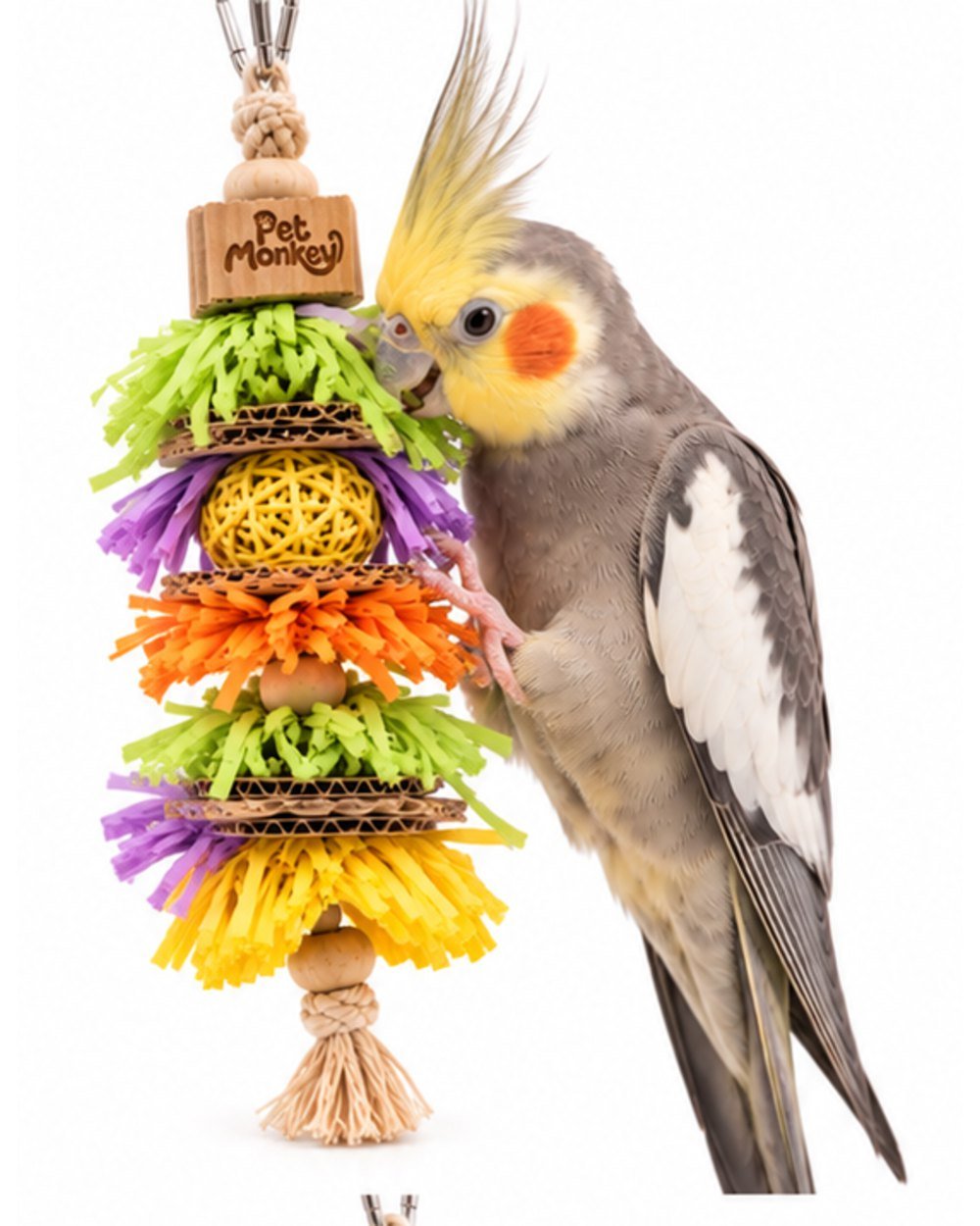 Pet Monkey hanging paper shredder bird toy with a cockatiel perched beside the paper shredder