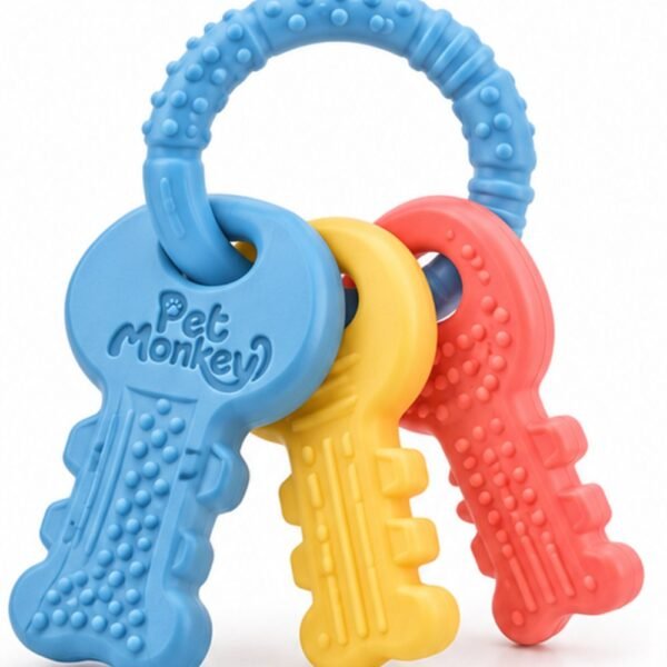 Pet Monkey Puppy Teething Key Ring Toy - Blue, Yellow and Coral