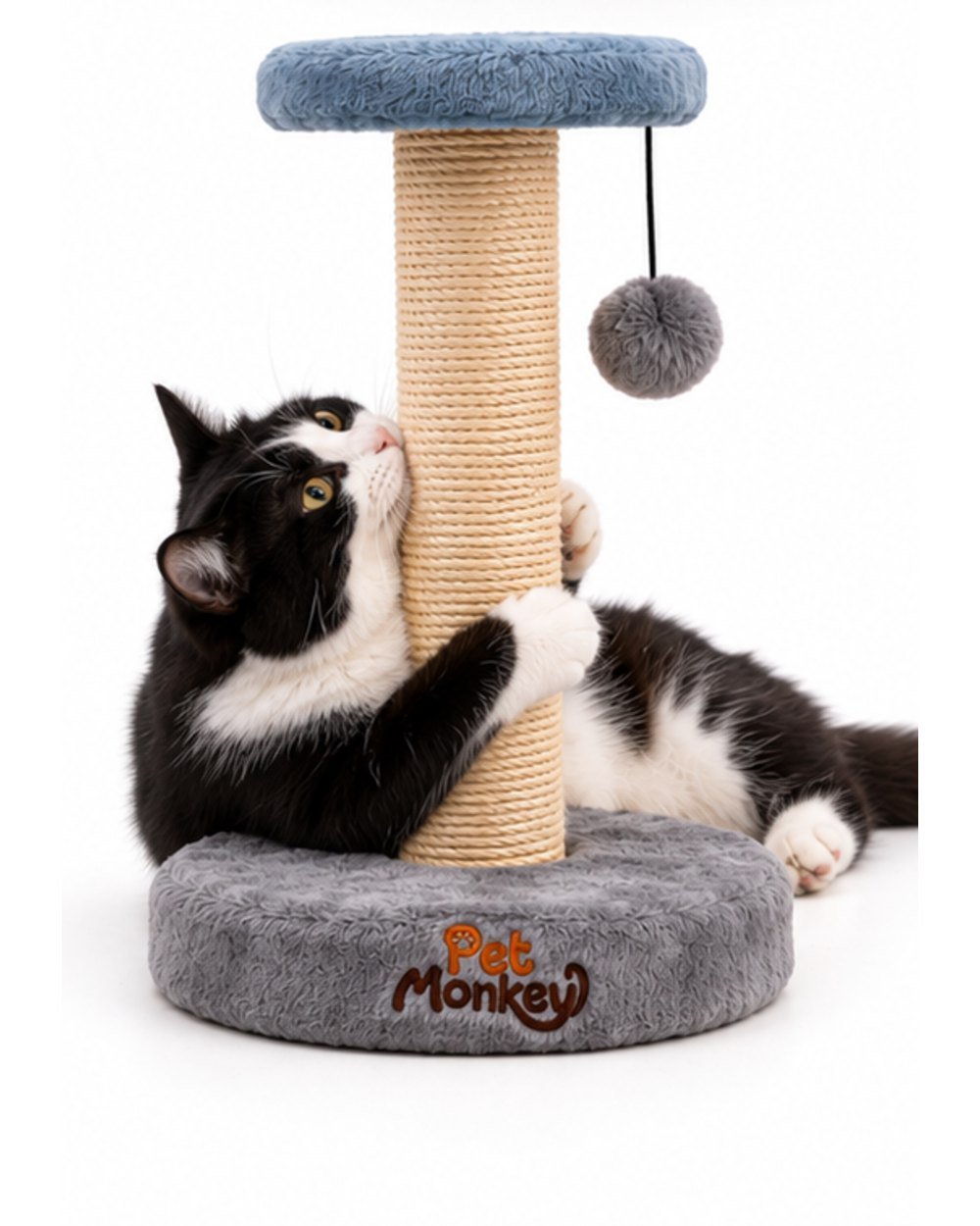 Pet Monkey sisal cat scratching post with a black and white cat hugging the scratching post