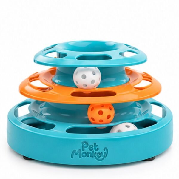 Pet Monkey three-level ball track cat toy, front view on a white background