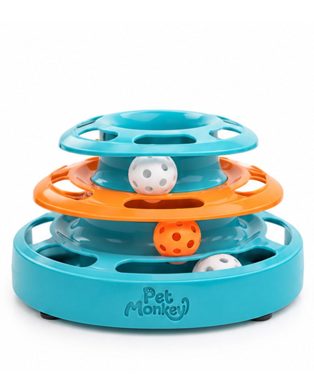 Pet Monkey three-level ball track cat toy, front view on a white background