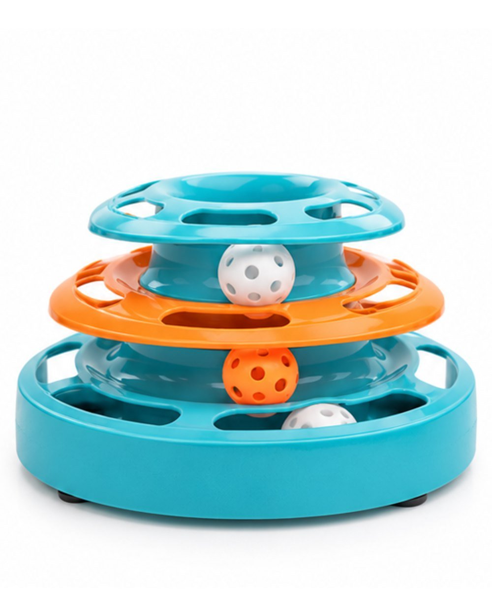 Pet Monkey three-level ball track cat toy, alternate front view showing the three levels