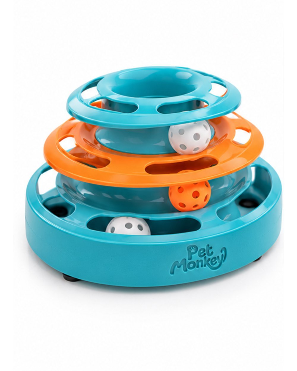 Pet Monkey three-level ball track cat toy, angled view from above showing the tracks and balls