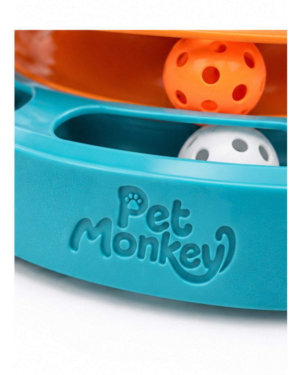 Pet Monkey three-level ball track cat toy, close-up of the Pet Monkey logo moulded into the base rim