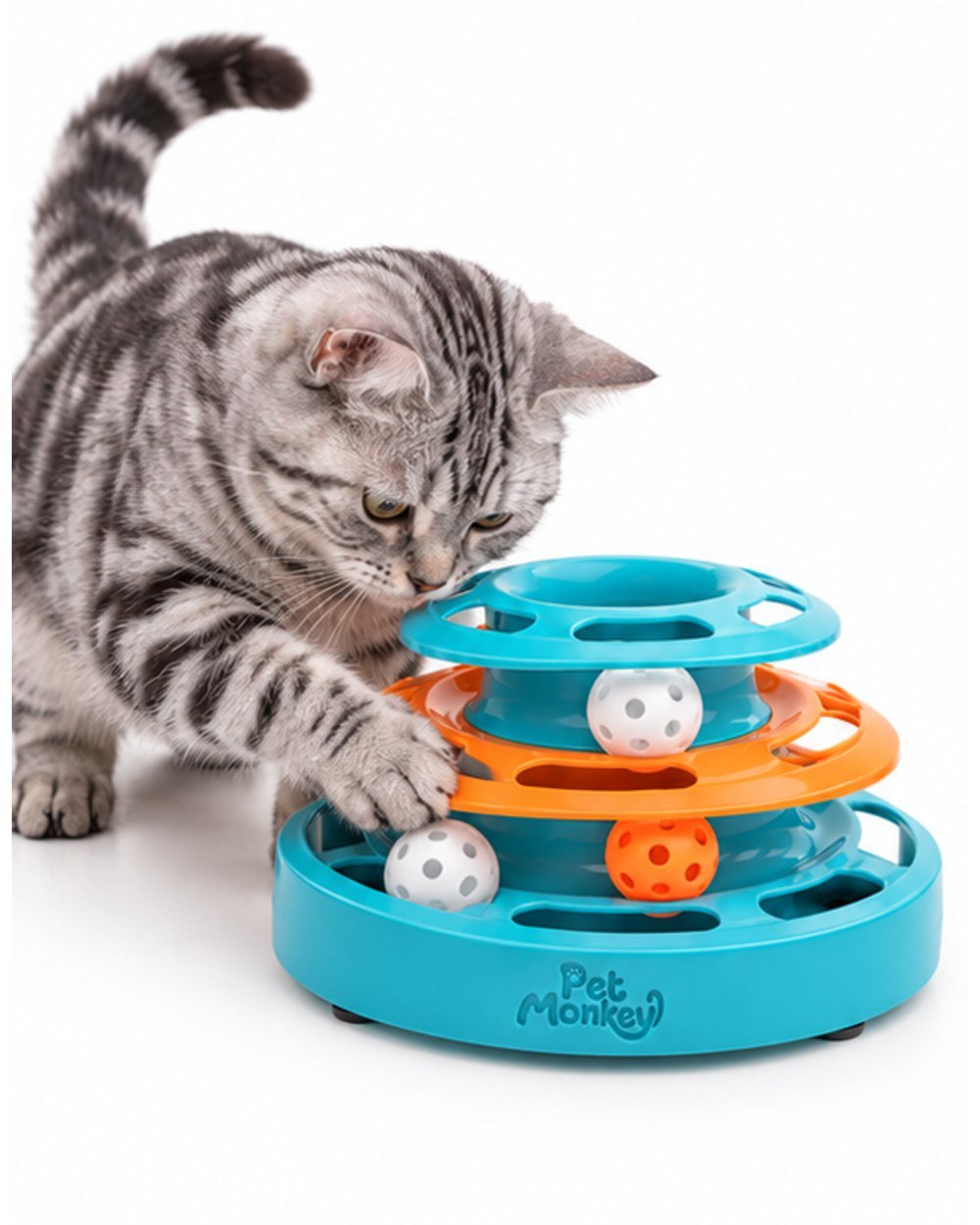 Pet Monkey three-level ball track cat toy with a silver tabby cat batting a ball in the track