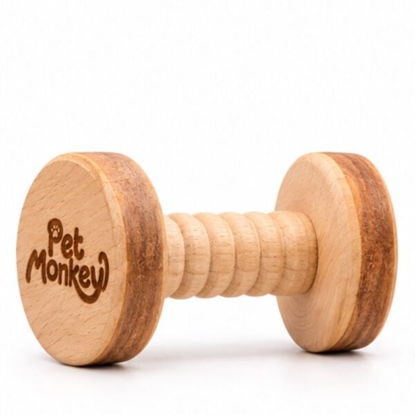 Pet Monkey wooden dumbbell chew toy for rabbits, front view on a white background