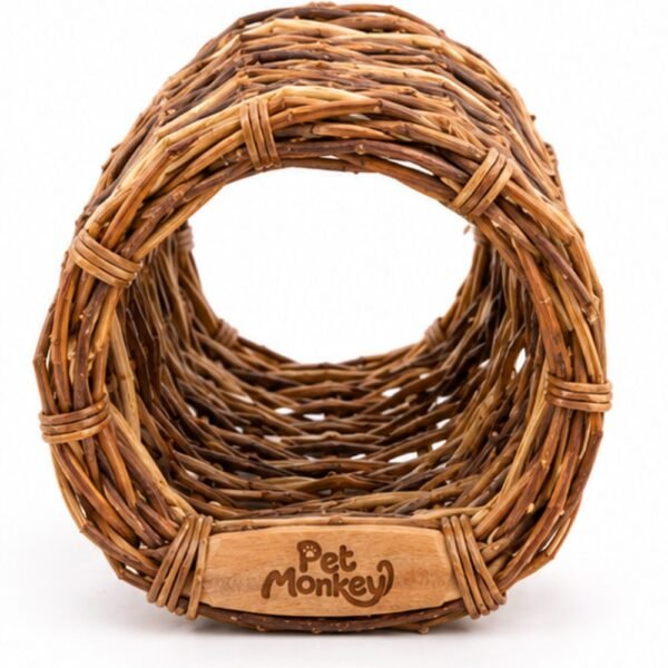 Pet Monkey woven willow tunnel for rabbits, front view on a white background